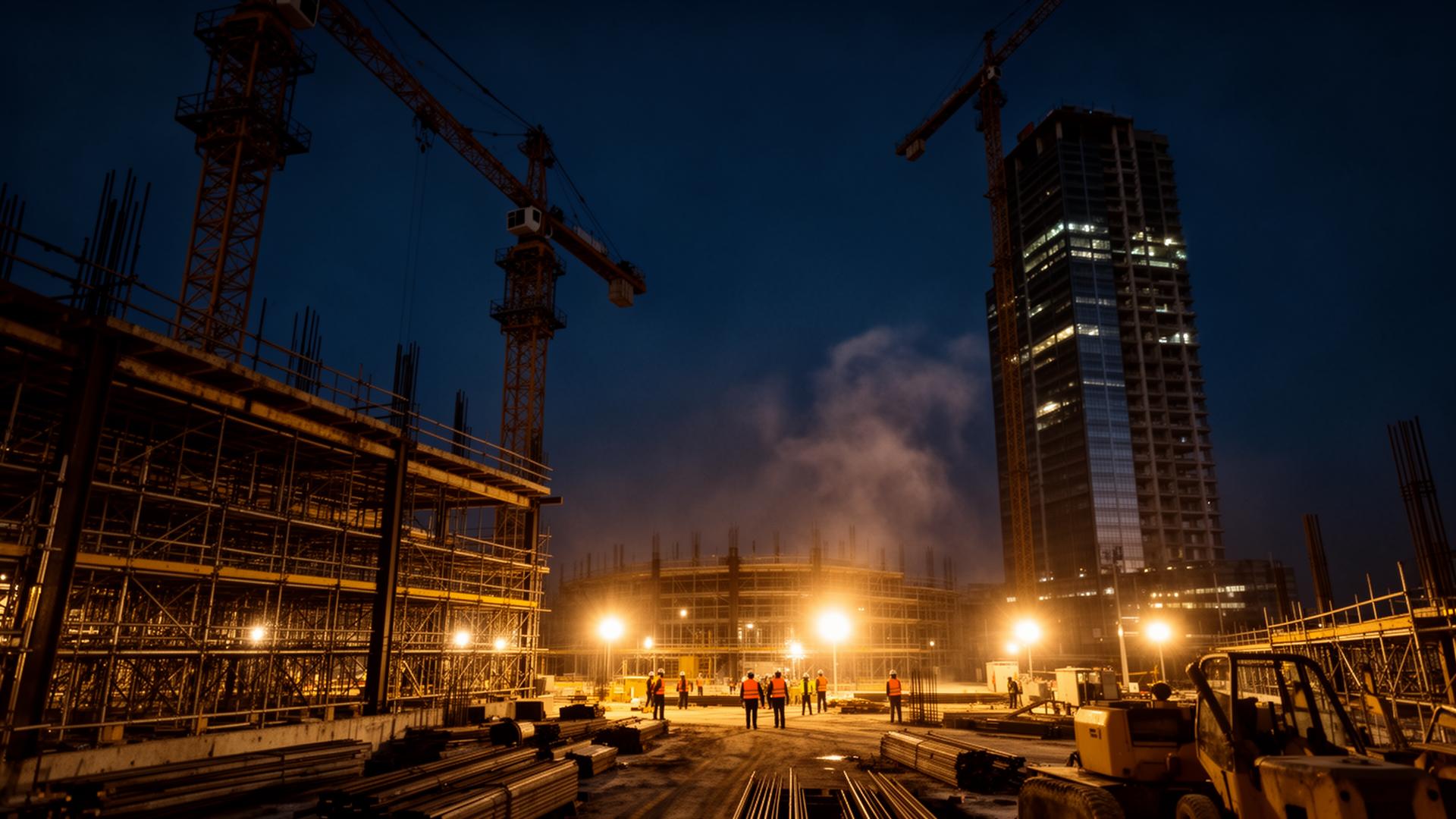 Active large-scale construction site at twilight